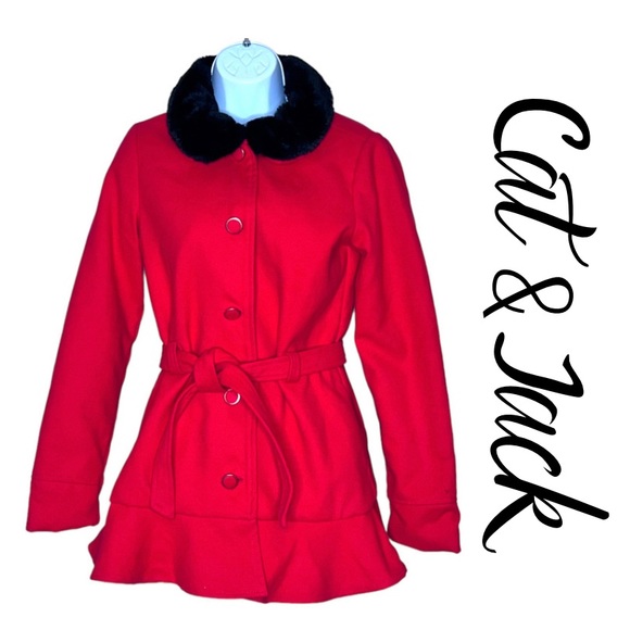 Cat & Jack Red Pea Coat w/ Removable Faux Fur Collar Girls XL LIKE NEW! - Picture 1 of 12